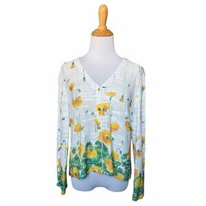St. John Sport Floral Light Weight Knit Gold-Tone Button Cardigan Sz L Whimsical